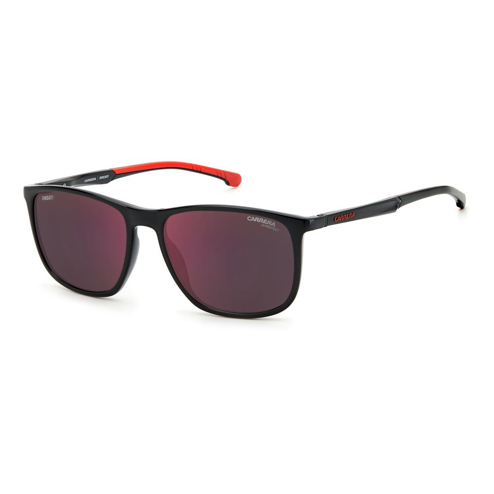 Carrera Ducati black resin sunglasses with red accents, 100% UV protection, size 57/17/145 mm.