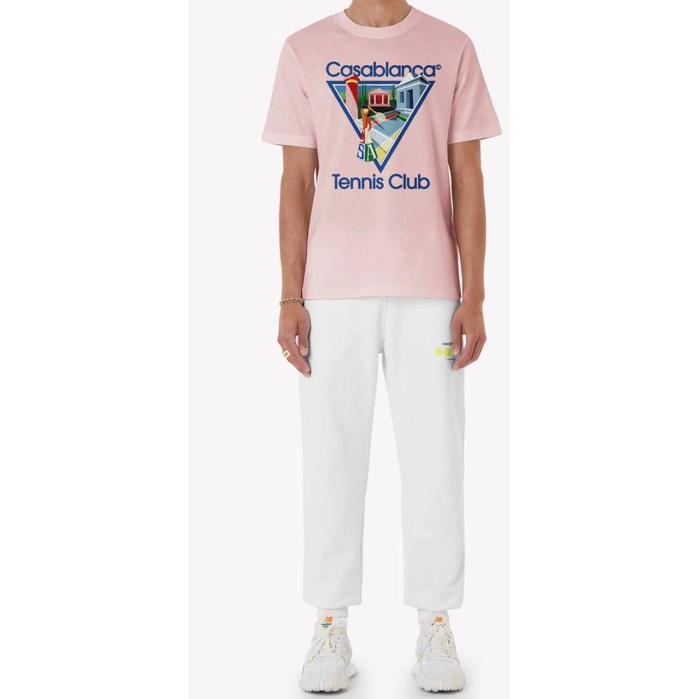 Casablanca Pink Cotton T-Shirt featuring tennis club print, relaxed fit, crew-neck design, worn by a model, comfortable and stylish.