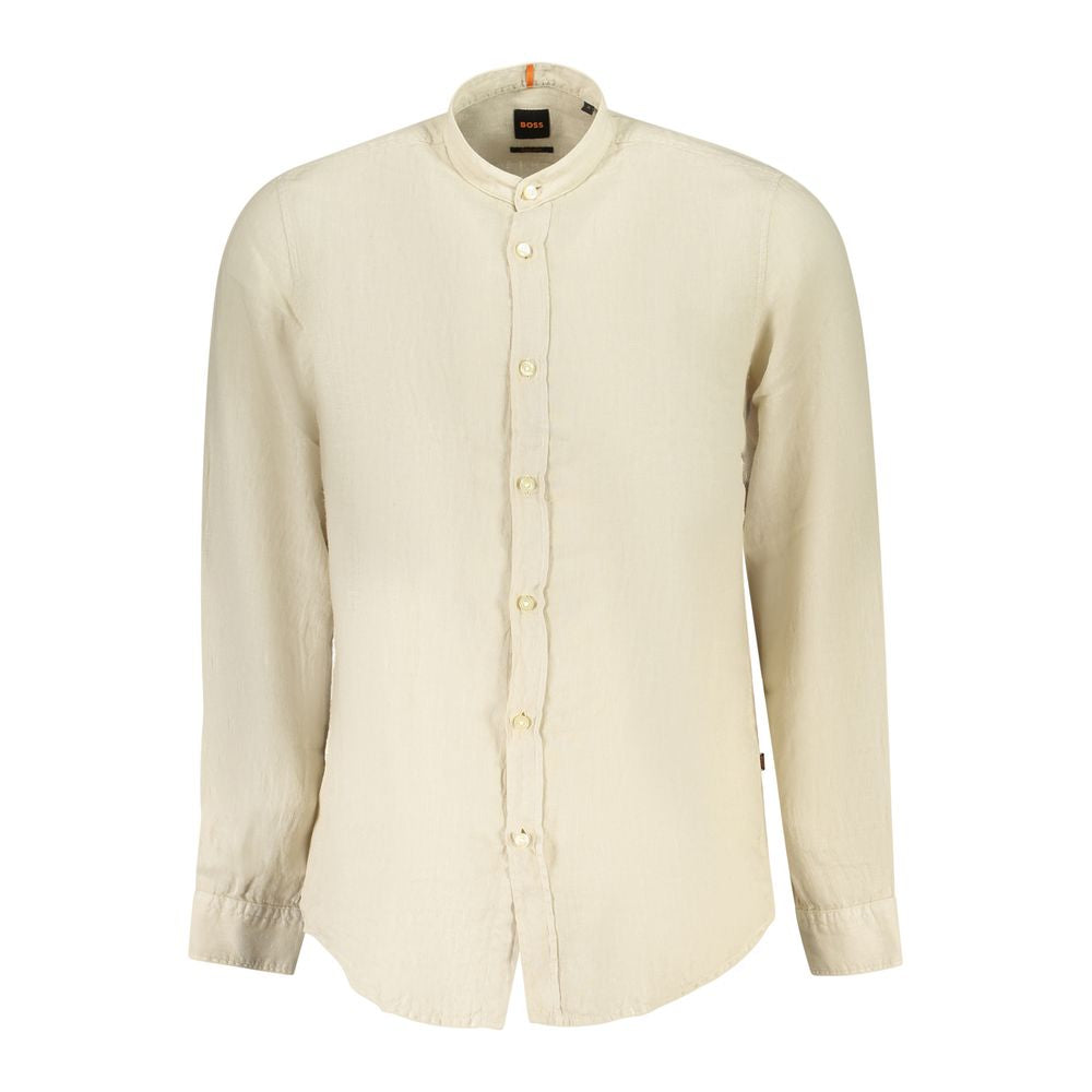 Hugo Boss Beige Linen Men Shirt with Mandarin Collar and 1-Button Cuffs - Elegant, Timeless Style for Modern Trendsetters