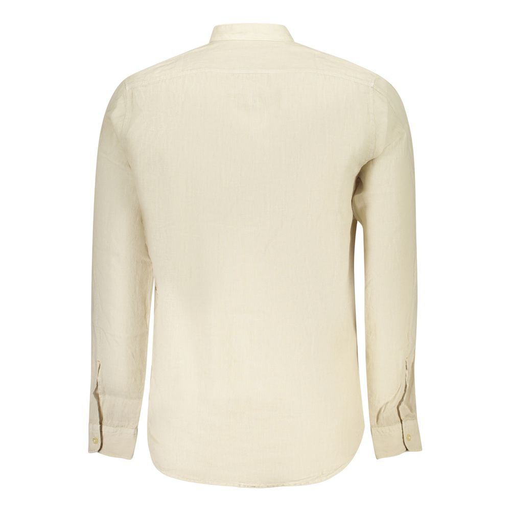 Back view of Hugo Boss beige linen men's shirt with mandarin collar and 1-button cuffs, perfect for a sophisticated wardrobe.