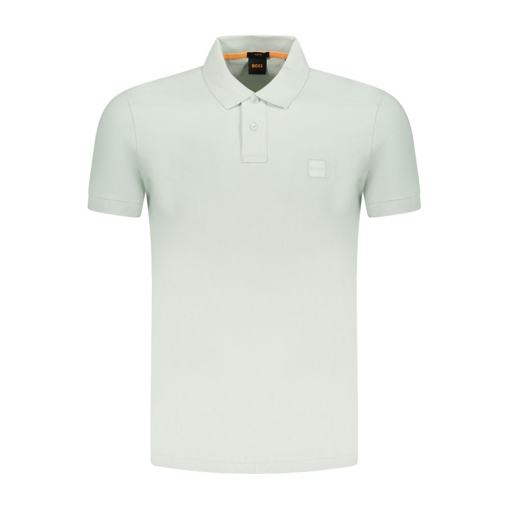 Hugo Boss green cotton men's polo shirt, slim fit, with two-button placket and embroidered logo, embodies modern style and luxury.