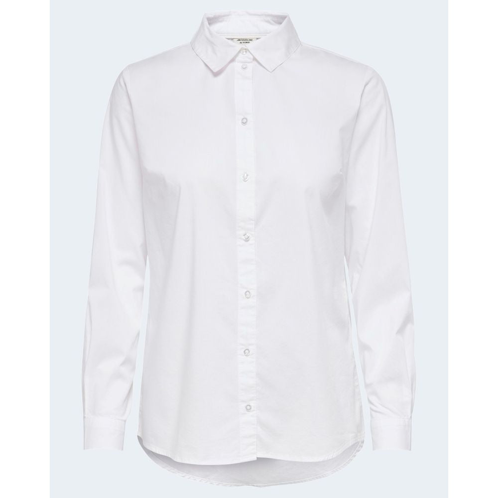 Jacqueline De Yong white cotton long-sleeve shirt, versatile for work or casual outings, made from a cotton-polyester-elastane blend.
