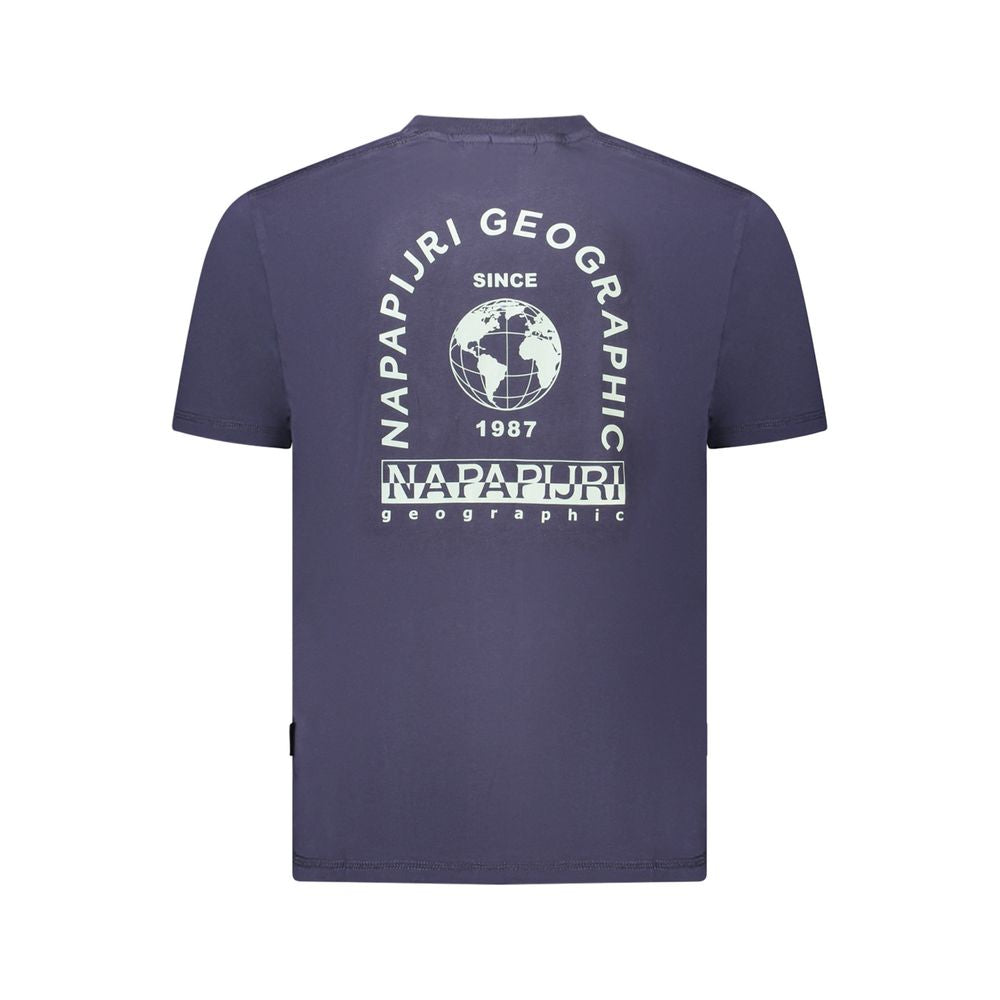 Back view of blue Napapijri cotton t-shirt featuring iconic logo and print for men.