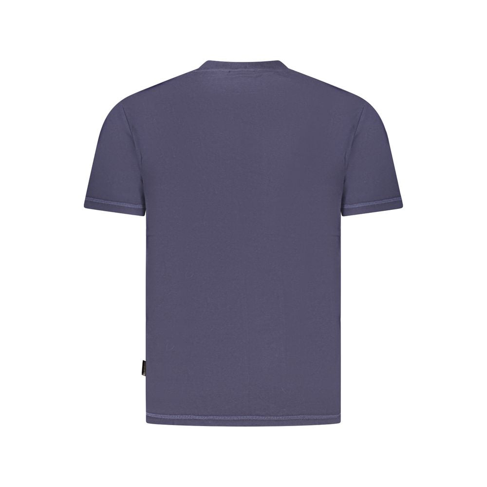 Back view of Napapijri blue cotton men's T-shirt showcasing short sleeves and crew neck style.