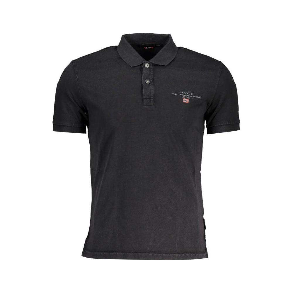 Napapijri black cotton men's polo shirt with short sleeves, sharp print, iconic embroidery, and dual-button neckline for stylish comfort.