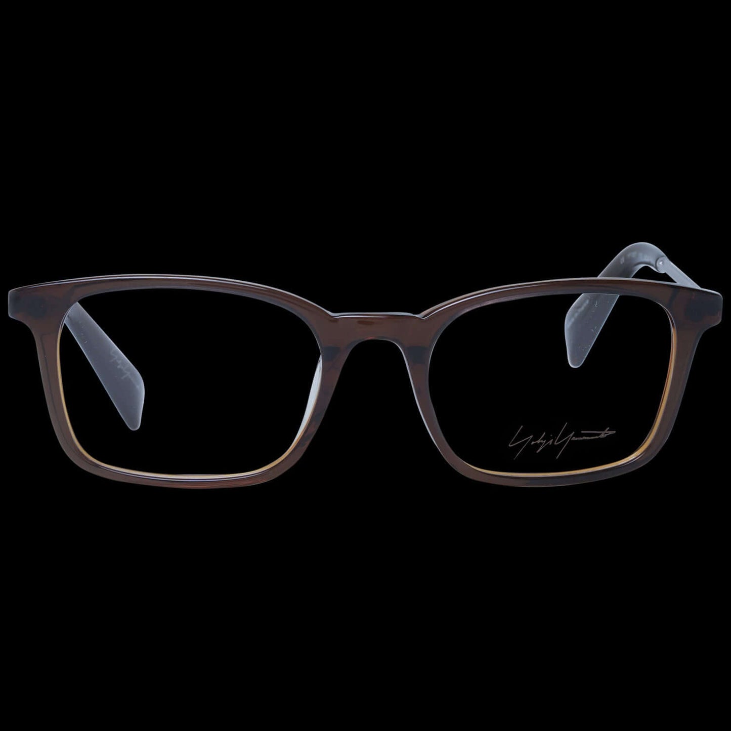 Yohji Yamamoto YY1007 51118 unisex eyeglasses with black frame, featuring signature detail on lens, against black background.