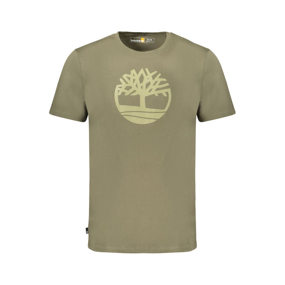 Timberland green cotton men's T-shirt with printed logo, short sleeves, and crew neck for casual style and comfort.