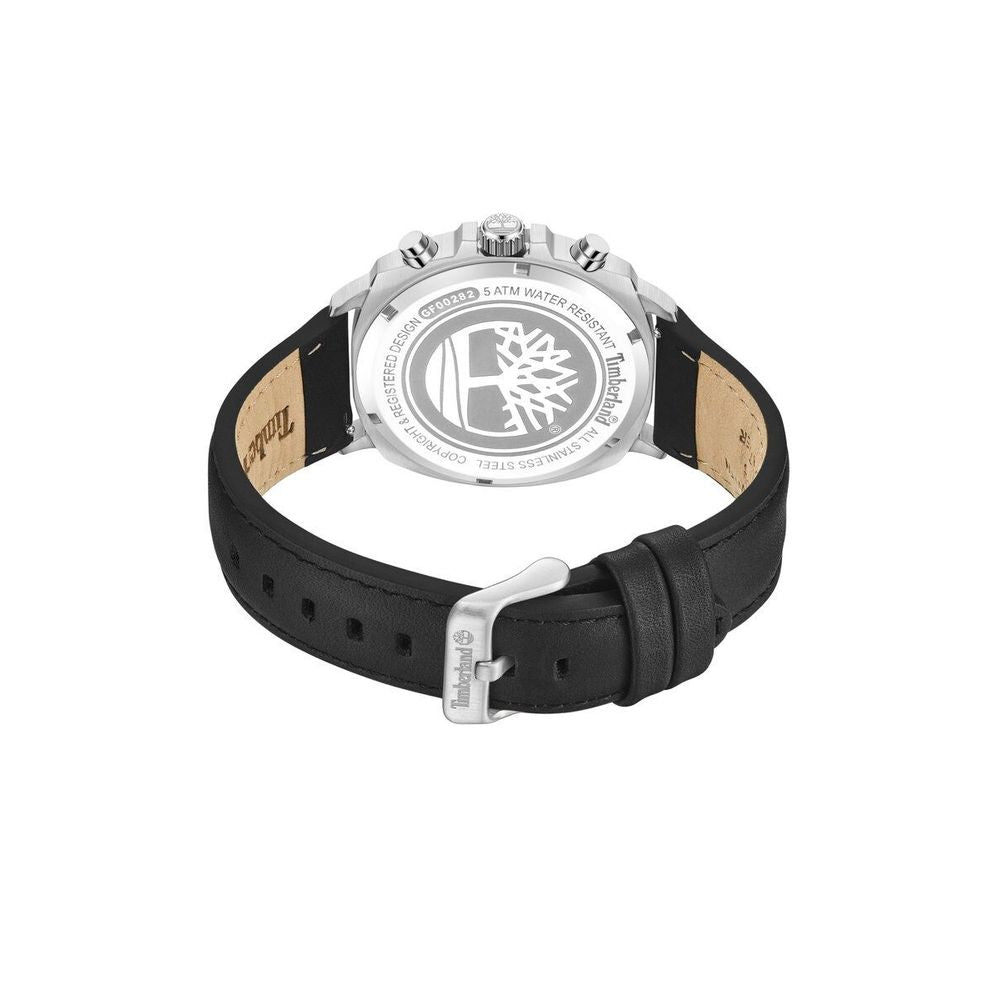 Back view of Timberland Quartz Analog Watch with stainless steel case, leather strap, and 5ATM water resistance.