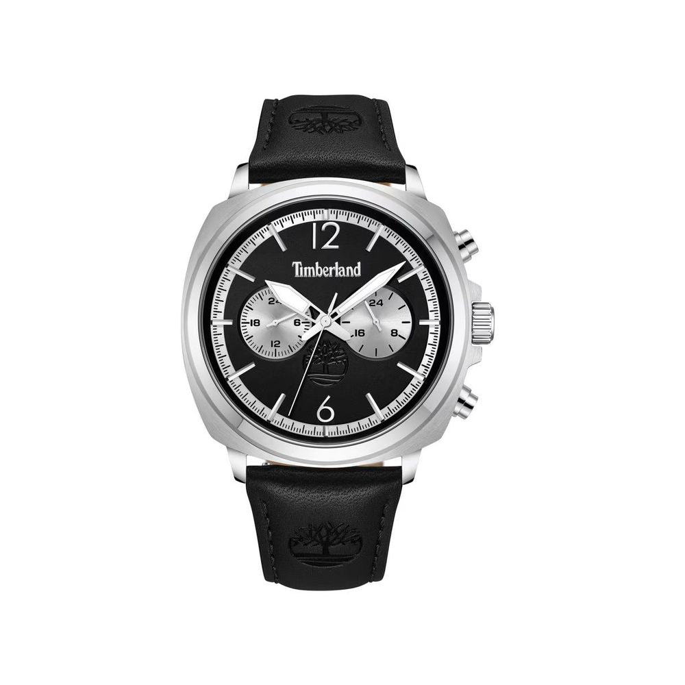 Timberland analog quartz watch with black dial, stainless steel case, and black leather strap featuring dual display.