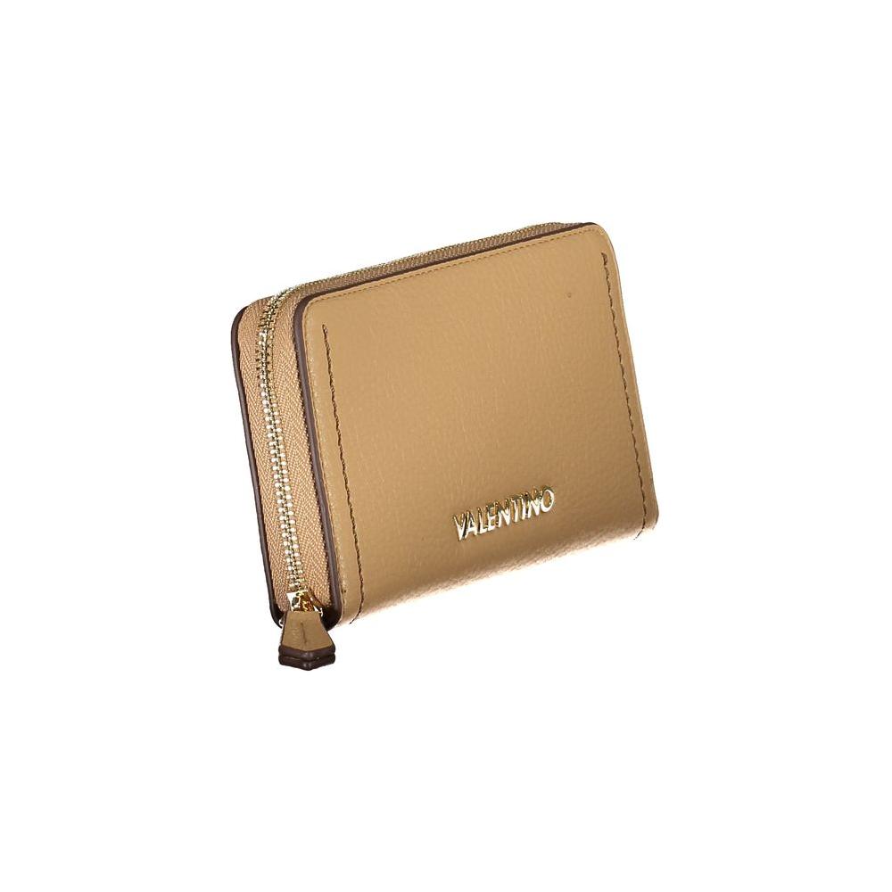 Valentino Bags beige polyethylene women's wallet with gold logo and zipper, featuring spacious interior with 5 compartments.
