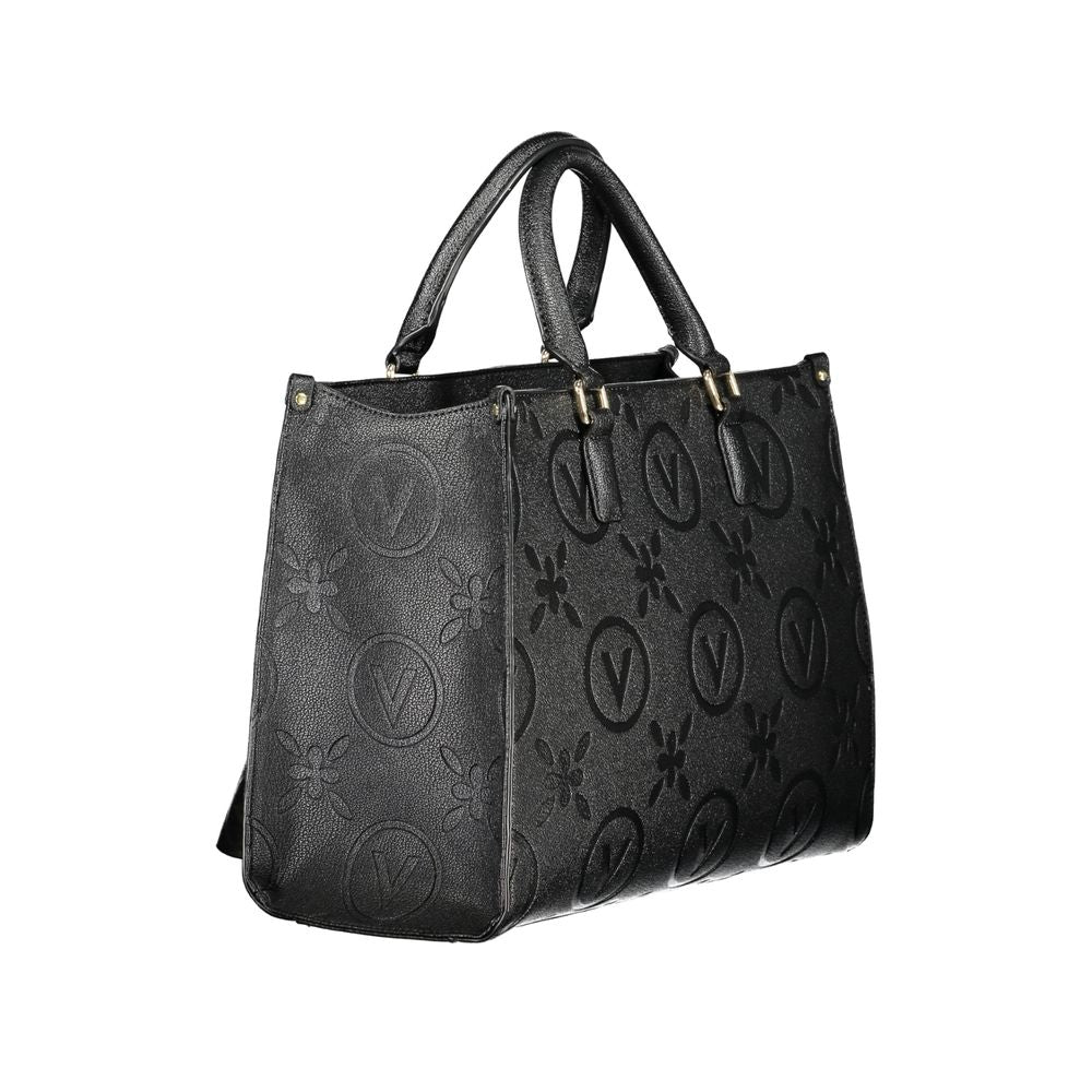 Valentino Bags black polyethylene women's handbag with embossed logo and floral pattern, featuring dual handles and a sleek design.
