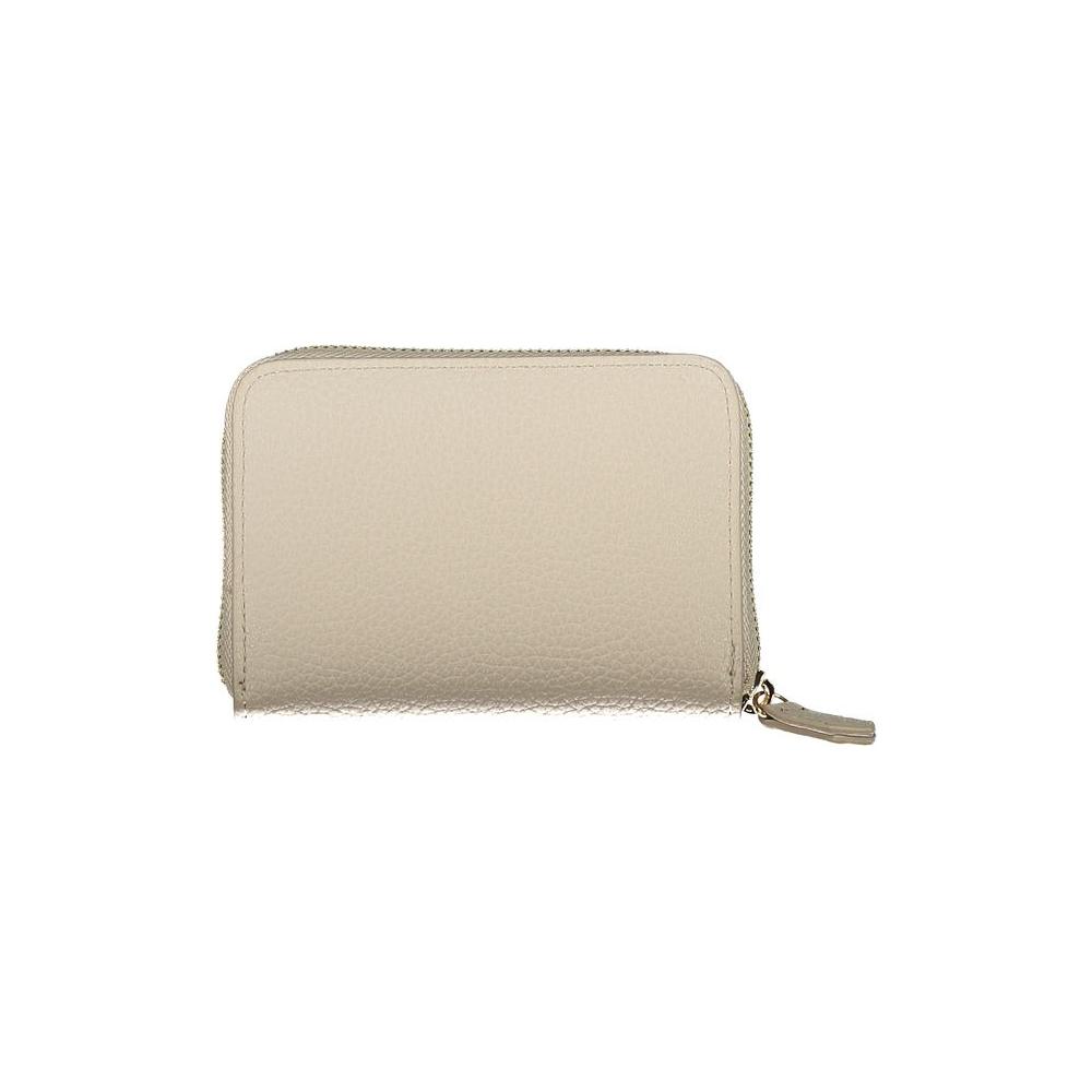 Valentino Bags brown polyethylene women's wallet with zipper, featuring six compartments and an elegant logo design.