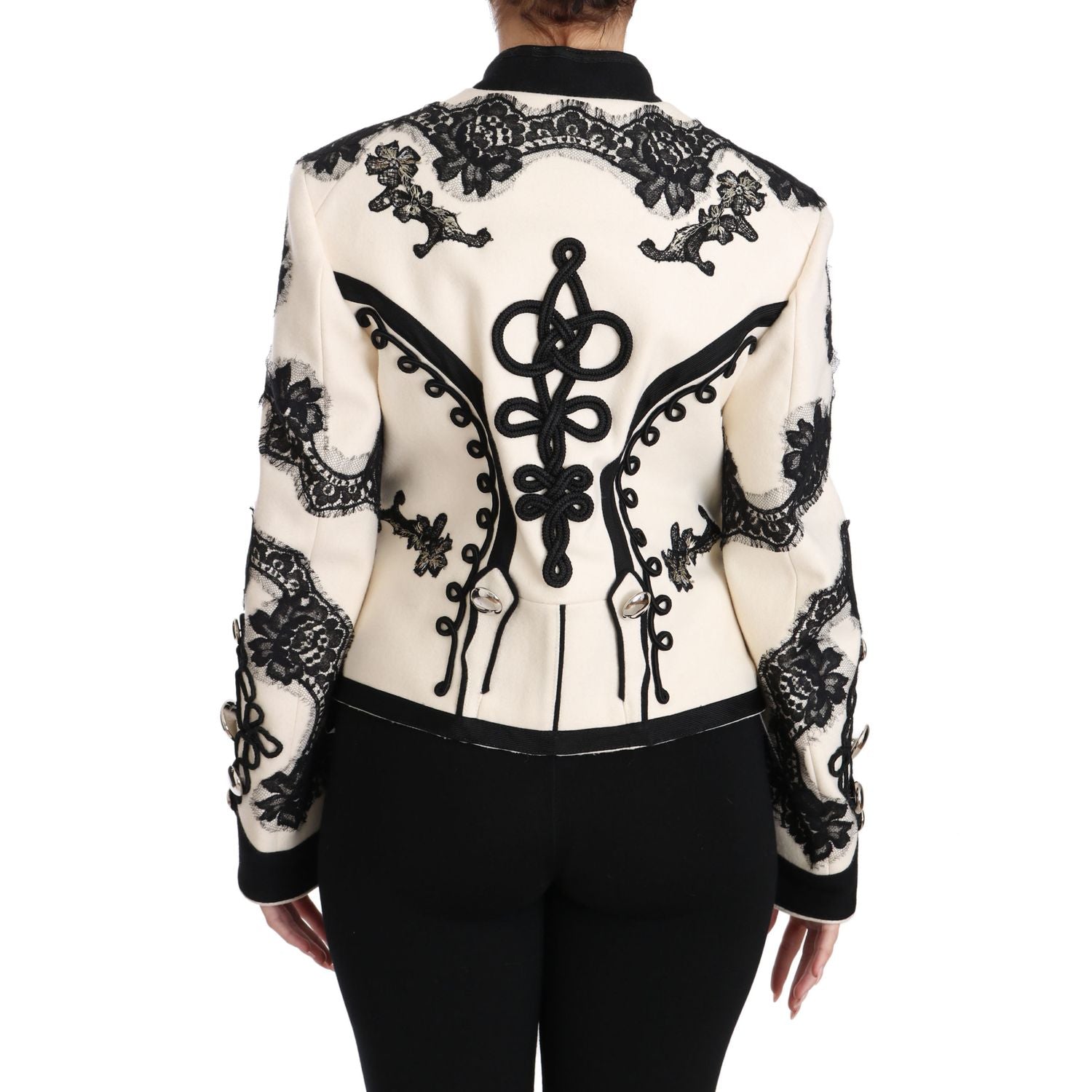 Dolce & Gabbana White Wool Black Floral Baroque Jacket