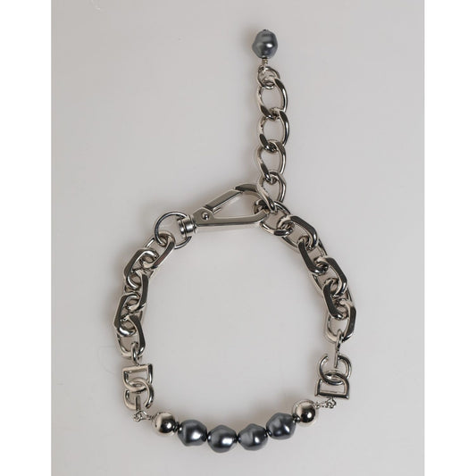 Dolce & Gabbana Silver Tone Chain Lobster Clasp Logo Gray Pearls Bracelet
