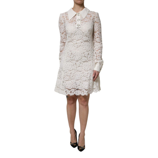 Dolce & Gabbana White Floral Lace Viscose Collared Mini Dress