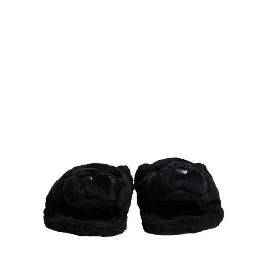 Dolce & Gabbana Black Faux Fur Panther Plush Flat Slides Shoes
