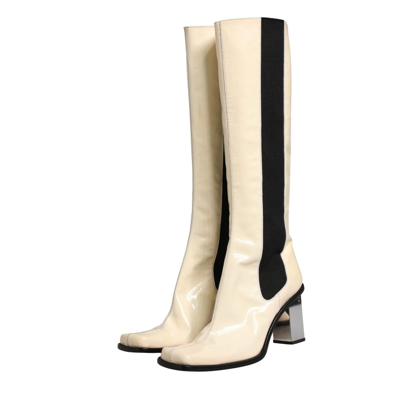 Dolce & Gabbana White Black Leather Knee High Boots Shoes