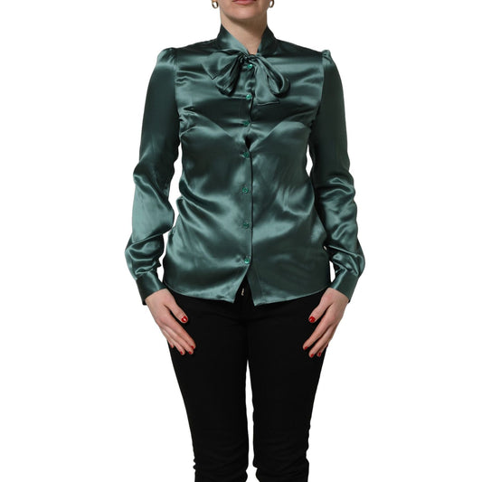 Dolce & Gabbana Dark Green Silk Satin Blouse Neck Tie Top