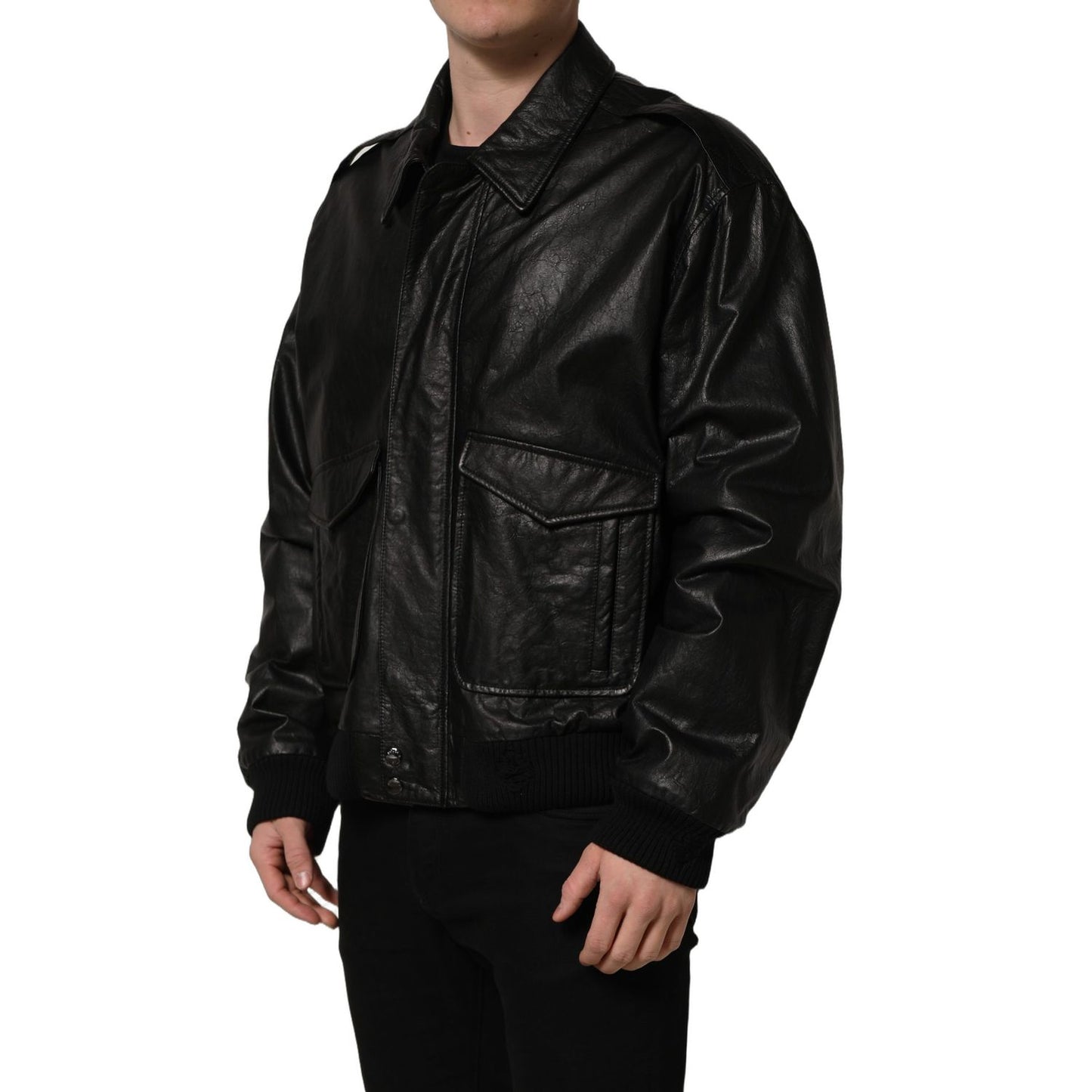 Dolce & Gabbana Black Leather Full Zip Men Biker Jacket