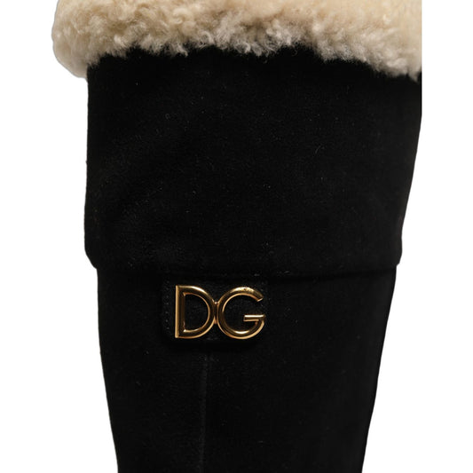 Dolce & Gabbana Black Suede Leather Knee High Boots Shoes