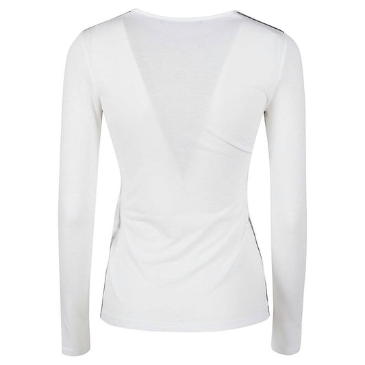 Back view of Liviana Conti white long sleeve cotton blend t-shirt with round neck and mesh detail.