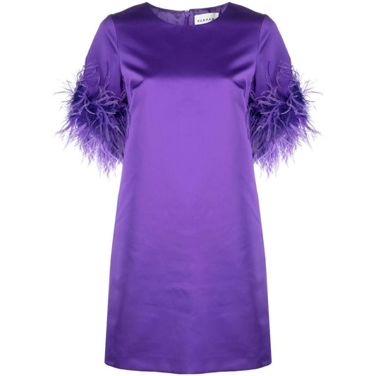 Violet purple Parosh feather-trim satin dress with ostrich feathers, round neck, and short sleeves - perfect for formal occasions.
