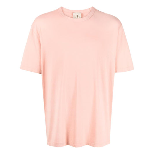 Coral pink round-neck TEN C T-shirt in cotton with rear logo patch and straight hem, perfect for casual wear, true to size fit.