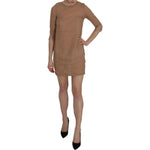 PINK MEMORIES Brown 3/4 Sleeve Crewneck Shift Mini Dress