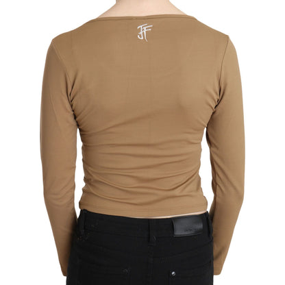 GF Ferre Brown Round Neck Long Sleeve Slim Crop Top Blouse