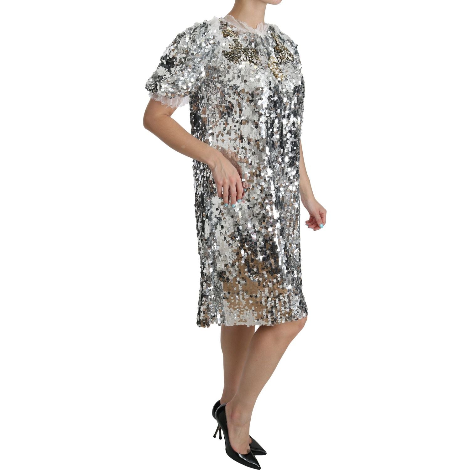 带水晶装饰的优雅银色 A 字形连衣裙