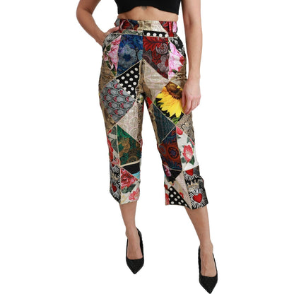 Dolce & Gabbana Silk Multicolor Print High Waist Cropped Pants