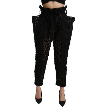 Dolce & Gabbana Black Floral Lace Tapered High Waist Pants Jeans & Pants