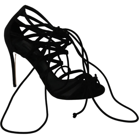 Dolce & Gabbana Elegant Black Suede Stiletto Ankle Strap Sandals Heeled Sandals Dolce & Gabbana Black