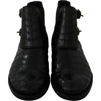 Dolce & Gabbana Black Crocodile Leather Derby Boots Shoes