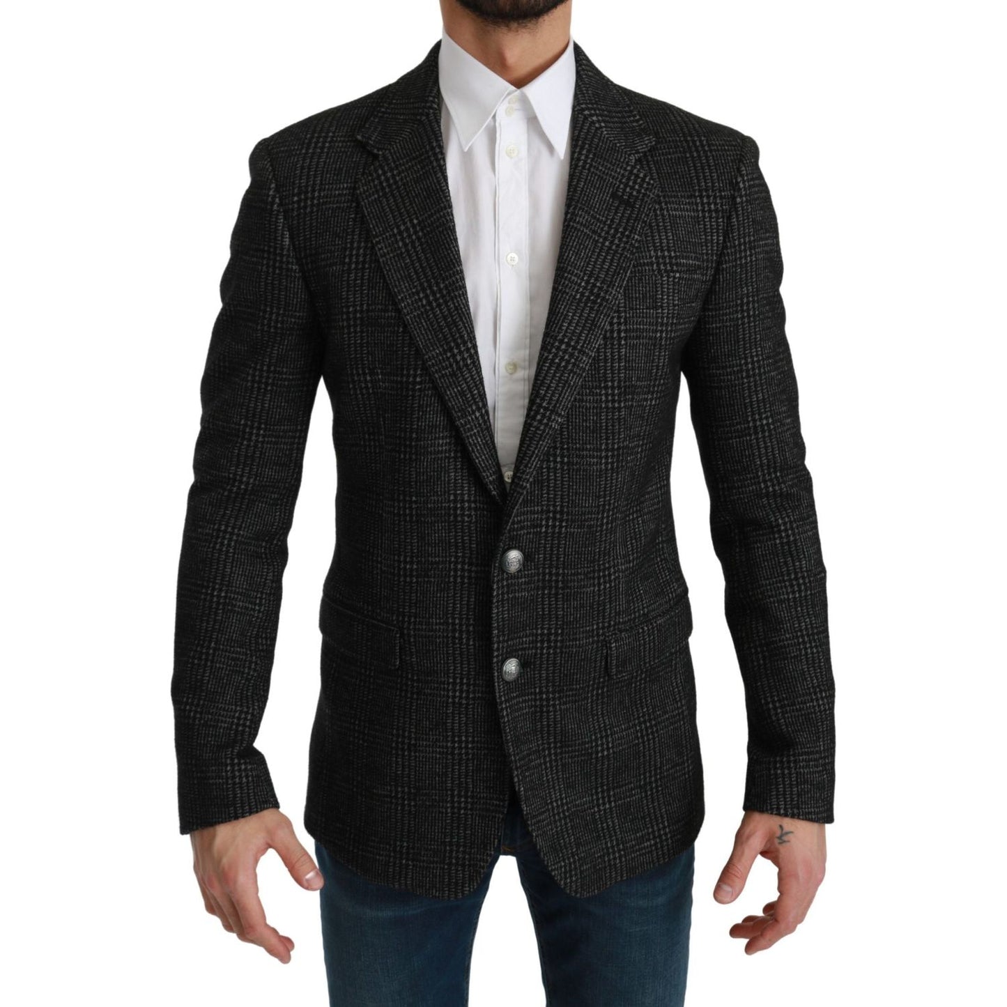 Dolce & Gabbana Gray Plaid Check Slim Fit Jacket Blazer