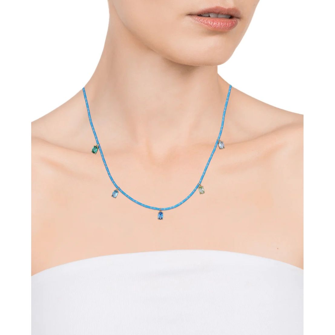 Woman wearing VICEROY JEWELS Mod. 13129C100-53 silver necklace with colorful pendants, quartz movement, water-resistant, official box included.