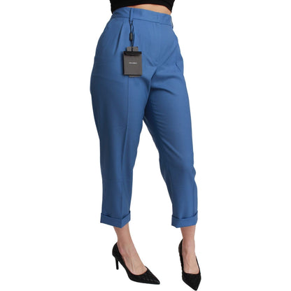 Dolce & Gabbana Blue Pleated Wool Cuffed Cropped Trouser Pants