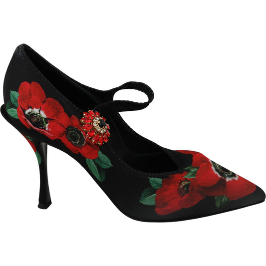 Dolce & Gabbana Floral Mary Janes Pumps with Crystal Detail Shoes Dolce & Gabbana Black