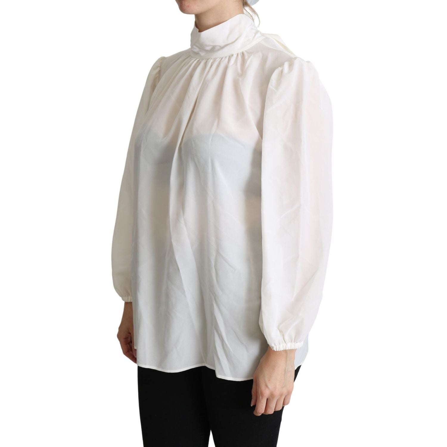 Dolce & Gabbana White Silk Pussy Bow Long Sleeved Top Blouse