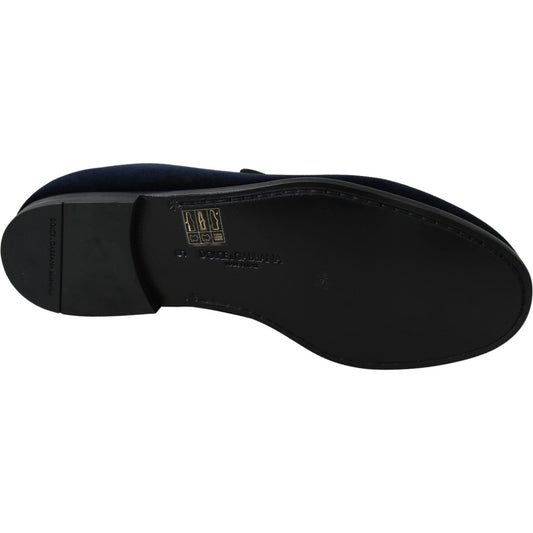 Dolce & Gabbana Blue Velvet Gold Logo Slipper Loafers Shoes
