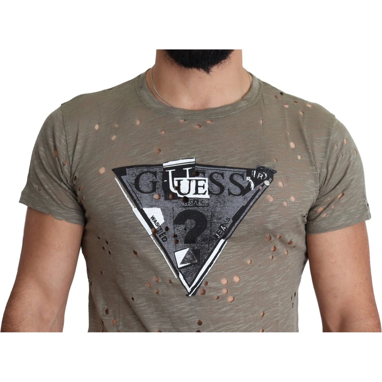 Guess Brown Cotton Stretch Logo Print Men Casual Perforated T-shirt