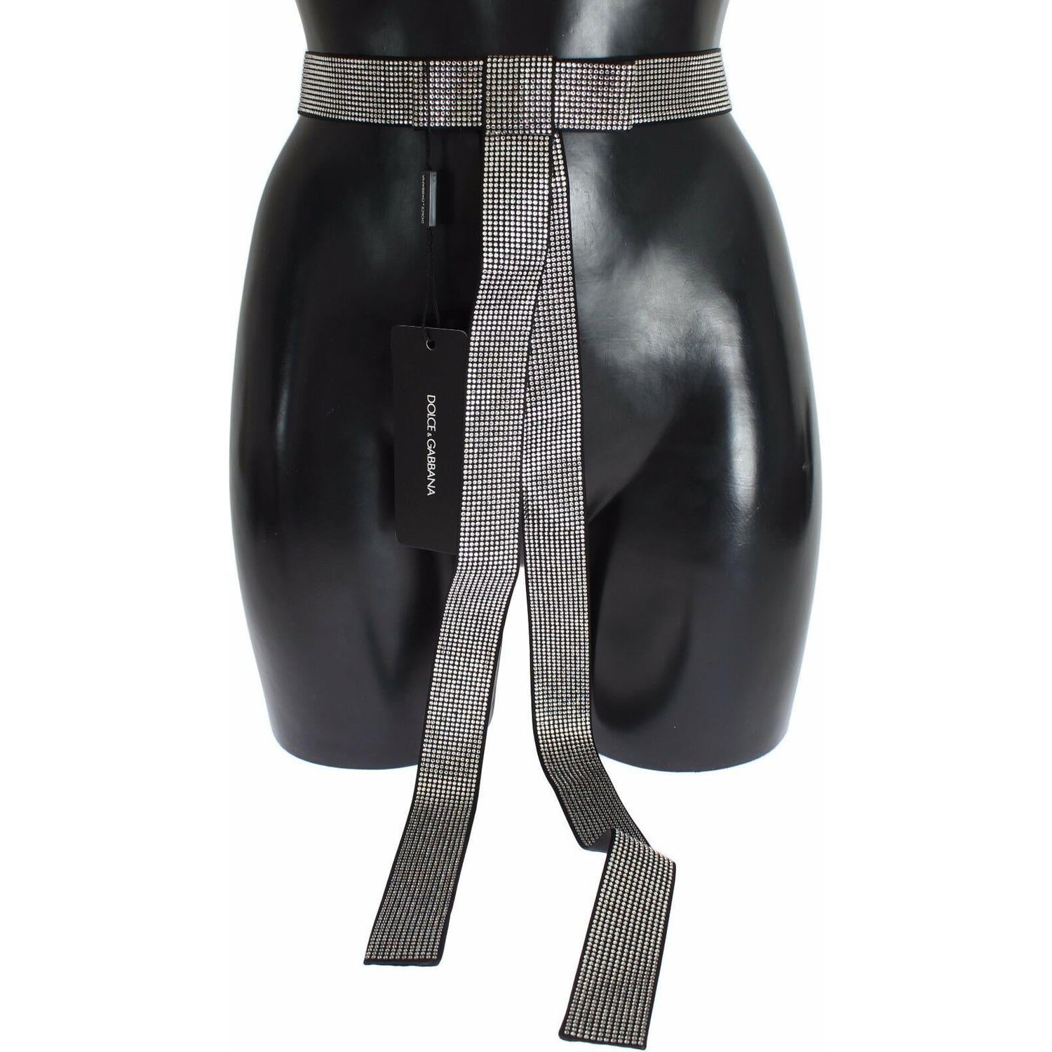 Dolce & Gabbana Black Silk Clear Crystal Bow Waist Belt