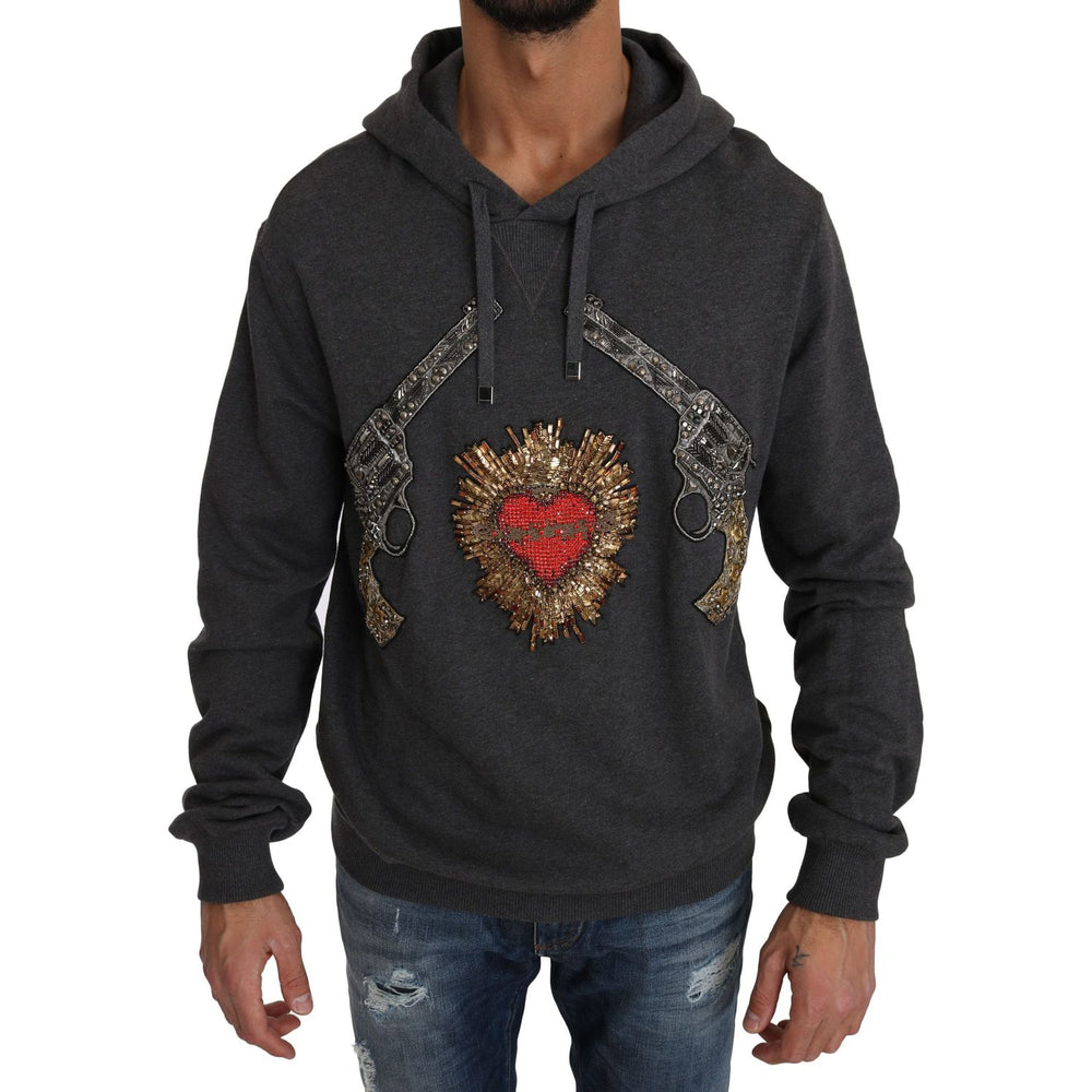 Dolce & Gabbana Gray Hooded Red Crystal Heart Gun Sweater TSH2520-48