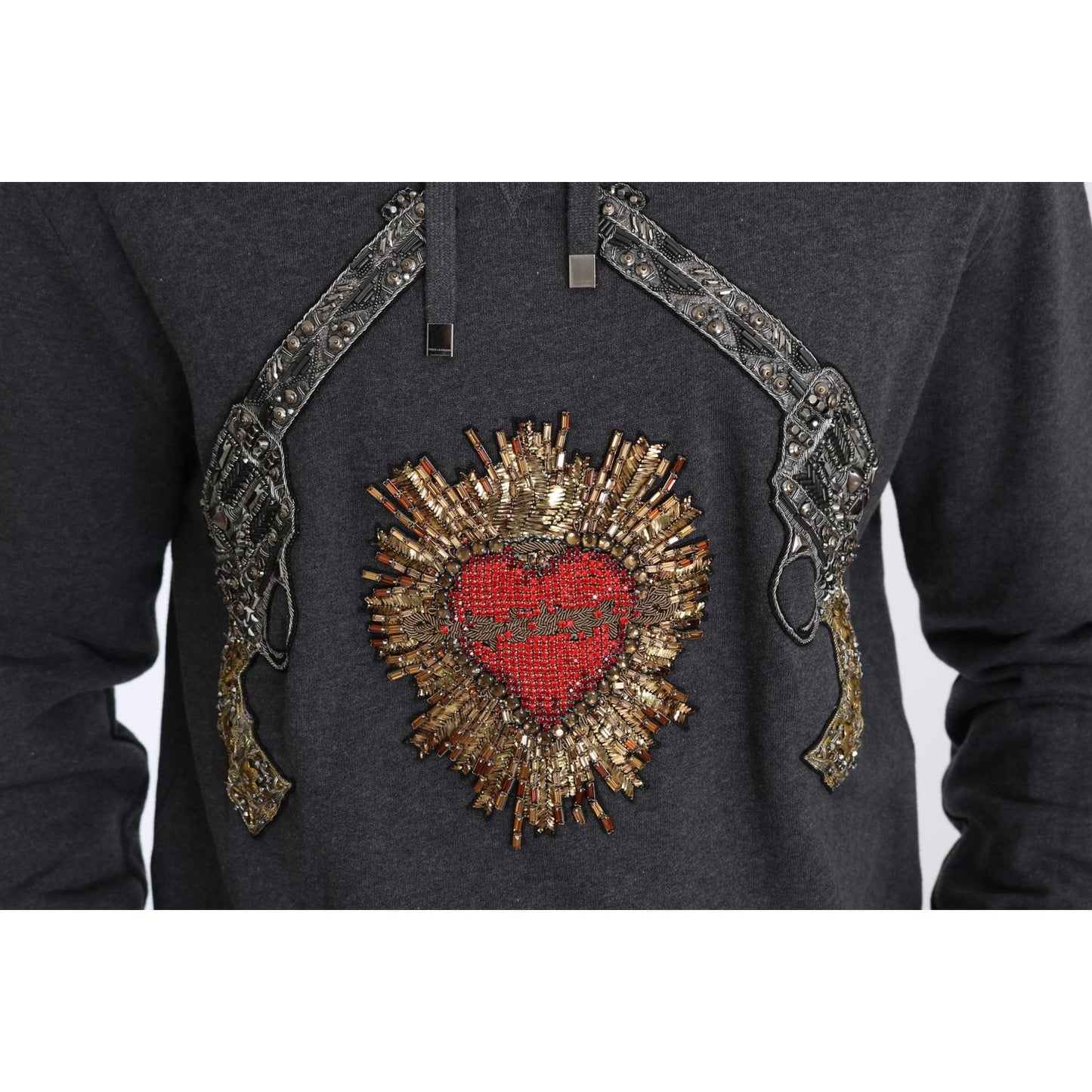 Dolce & Gabbana Gray Hooded Red Crystal Heart Gun Sweater TSH2520-48