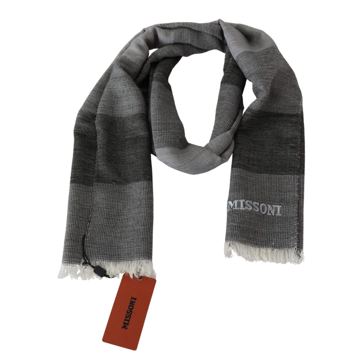 Missoni Gray Striped Wool Unisex Neck Wrap Fringes Scarf