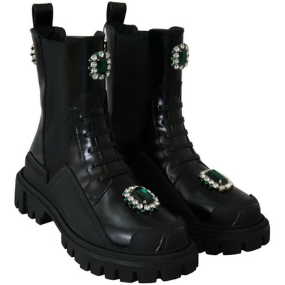 Dolce & Gabbana Black Leather Crystal Combat Boots