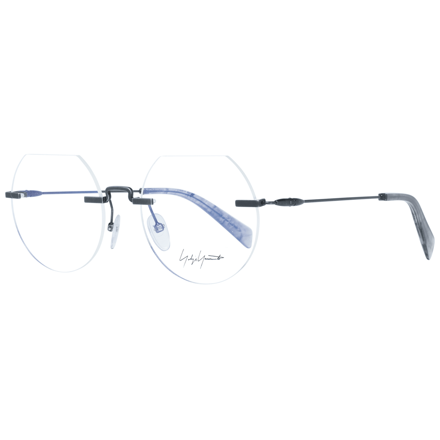 Yohji Yamamoto Gray Metal Glasses (Frames) for men in a rimless round style with grey metal frame and demo lenses.