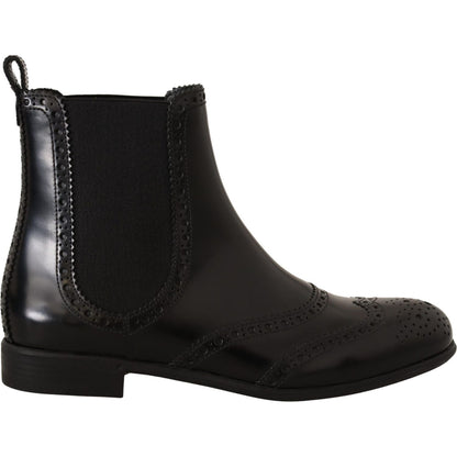 Dolce & Gabbana Black Leather Ankle High Flat Boots Shoes