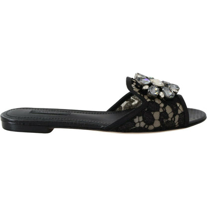 Dolce & Gabbana Black Taormina Lace Slides Crystals Flats Shoes