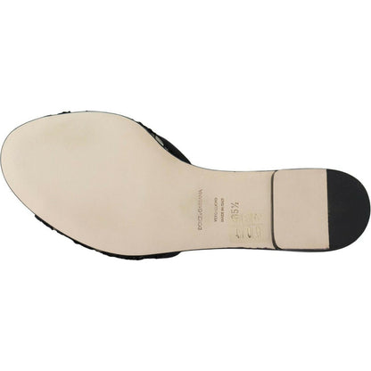 Dolce & Gabbana Black Taormina Lace Slides Crystals Flats Shoes